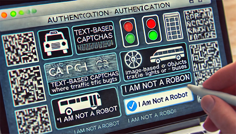 Ein Computerbildschirm zeigt verschiedene Arten von CAPTCHA-Prüfungen zur Authentifizierung.