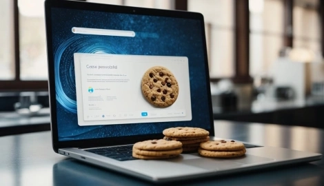 Ein künstlich generiertes Bild, das ein aufgeklapptes Notebook zeigt, auf dessen Tastatur mehrere Cookies liegen.