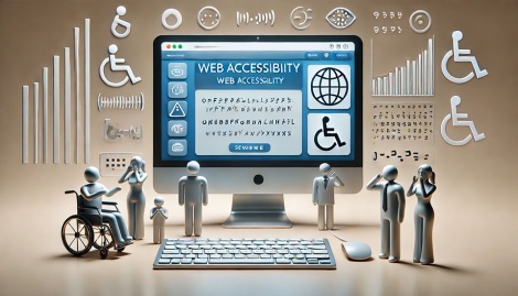 Ein Computerbildschirm mit der Anzeige 'Web Accessibility'. Rundherum sind verschiedene 3D-Figuren und Symbole, die auf Barrierefreiheit hinweisen.