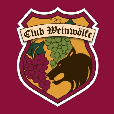 Das Wappen des Clubs Weinwölfe auf dunkelrotem Hintergrund. Im Wappen sind ein Wolf und rote & weiße Trauben.