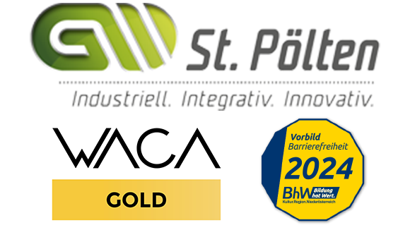 Logos GW St. Pölten, WACA Gold und Vorbild Barrierefreiheit 2024 von BhW NÖ