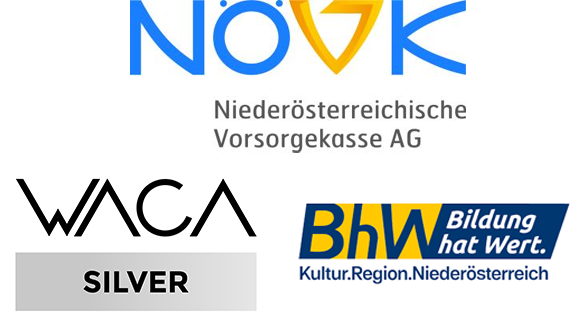 Logos NÖVK Niederösterreichische Vorsorgekasse AG, WACA Silber & BhW Bildung hat Wert. Kultur.Region.Niederösterreich